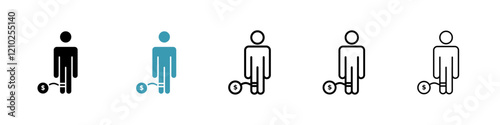 Man with debt icons collection in black and blue colors