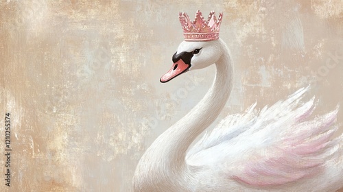 Fototapeta Naklejka Na Ścianę i Meble -  Cute swan princess with pink crown on beige background. Children's illustration, postcard, template for congratulations.