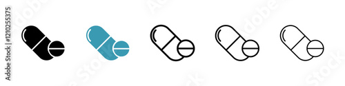 Medicine pills icons collection in black and blue colors