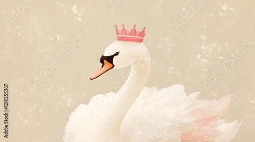 Fototapeta Naklejka Na Ścianę i Meble -  Cute swan princess with pink crown on beige background. Children's illustration, postcard, template for congratulations.