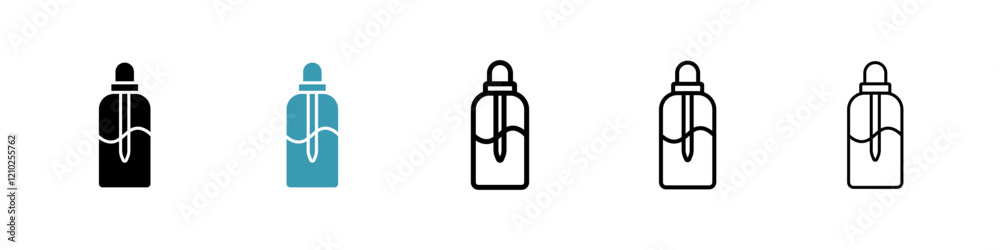Oil dropper bottle icons collection in black and blue colors Oil dropper bottle icons collection in black and blue colors