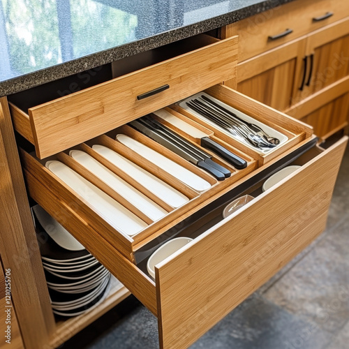 Organized kitchen drawer with utensils, plates, and cutlery in bamboo storage. modern and functional design enhances kitchen efficiency and aesthetics