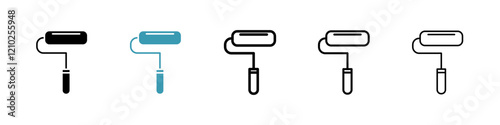 Paint roller icons set in black filled and stroke line style