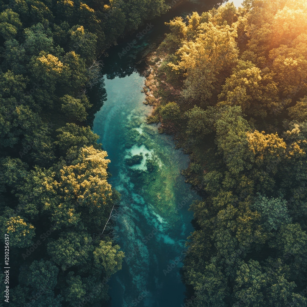 Serene River Flowing Through Dense Forest Serene River Flowing Through Dense Forest