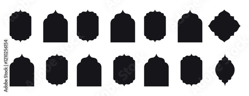 Traditional islamic window shapes in oriental style. Set of black silhouette eid mubarak decorative arches, mosque borders or moroccan gates.