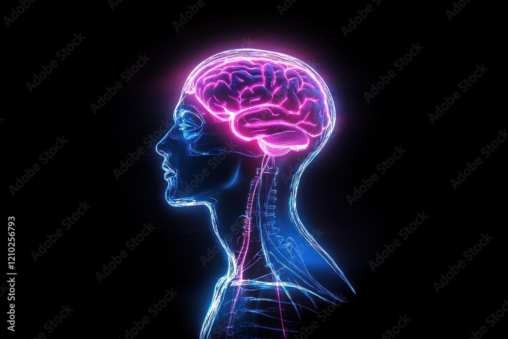 Neon-lit profile showcasing internal brain structure Neon-lit profile showcasing internal brain structure