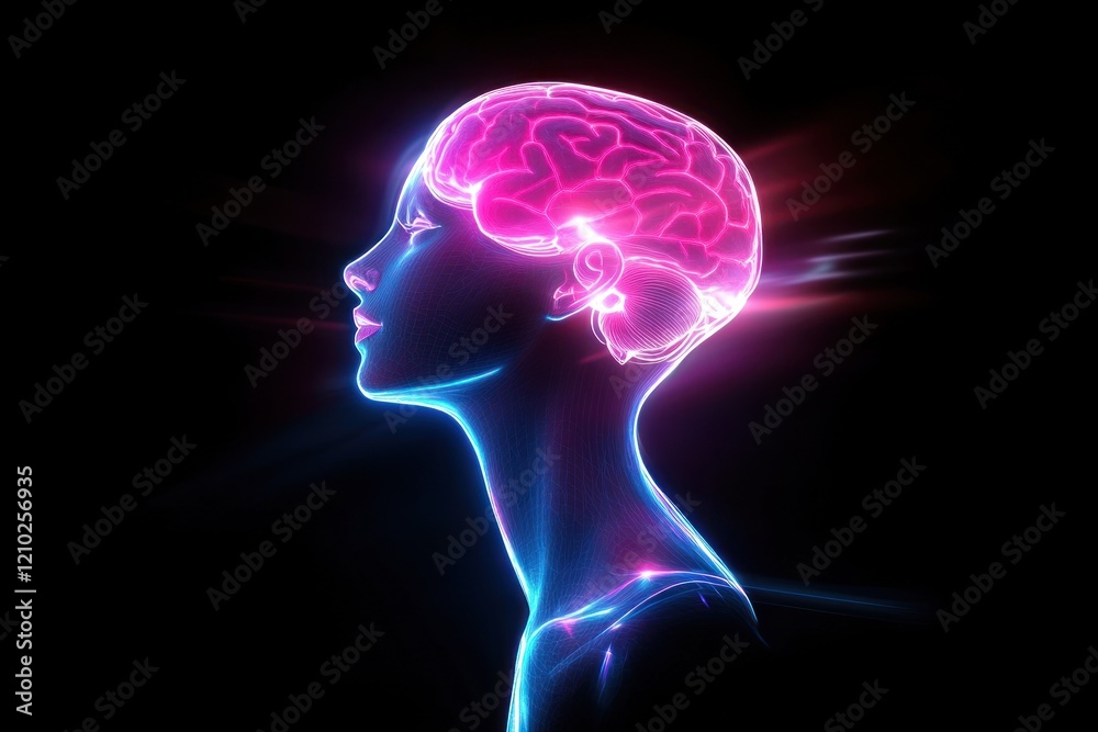 Profile view of human head with neon glowing brain Profile view of human head with neon glowing brain