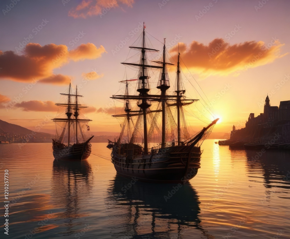 Ancient sailing vessels anchored in Aberdeen harbour at sunset, sailing vessels, ocean, aberdeen Ancient sailing vessels anchored in Aberdeen harbour at sunset, sailing vessels, ocean, aberdeen