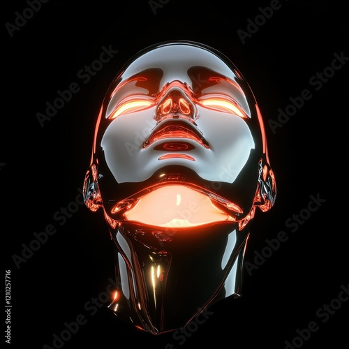 Chrome robotic face with illumination from within.