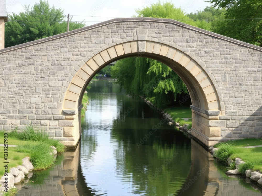 Obraz premium Ancient stone arch bridge crossing over a tranquil river canal, outdoor scenery, scenic spot, calm environment
