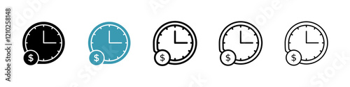 Time is money icons set in black filled and stroke line style