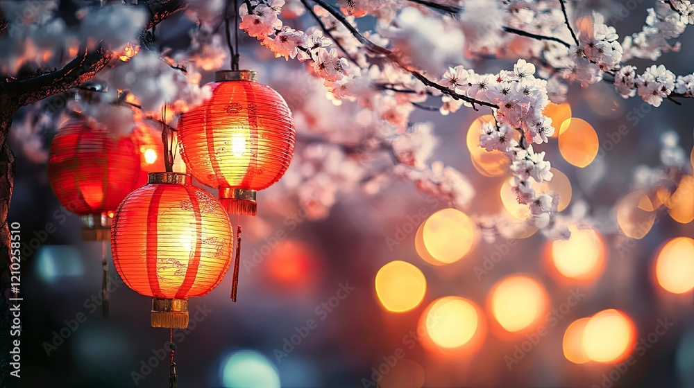 Obraz premium Glowing Red Lanterns Blossom Branch Chinese New Year