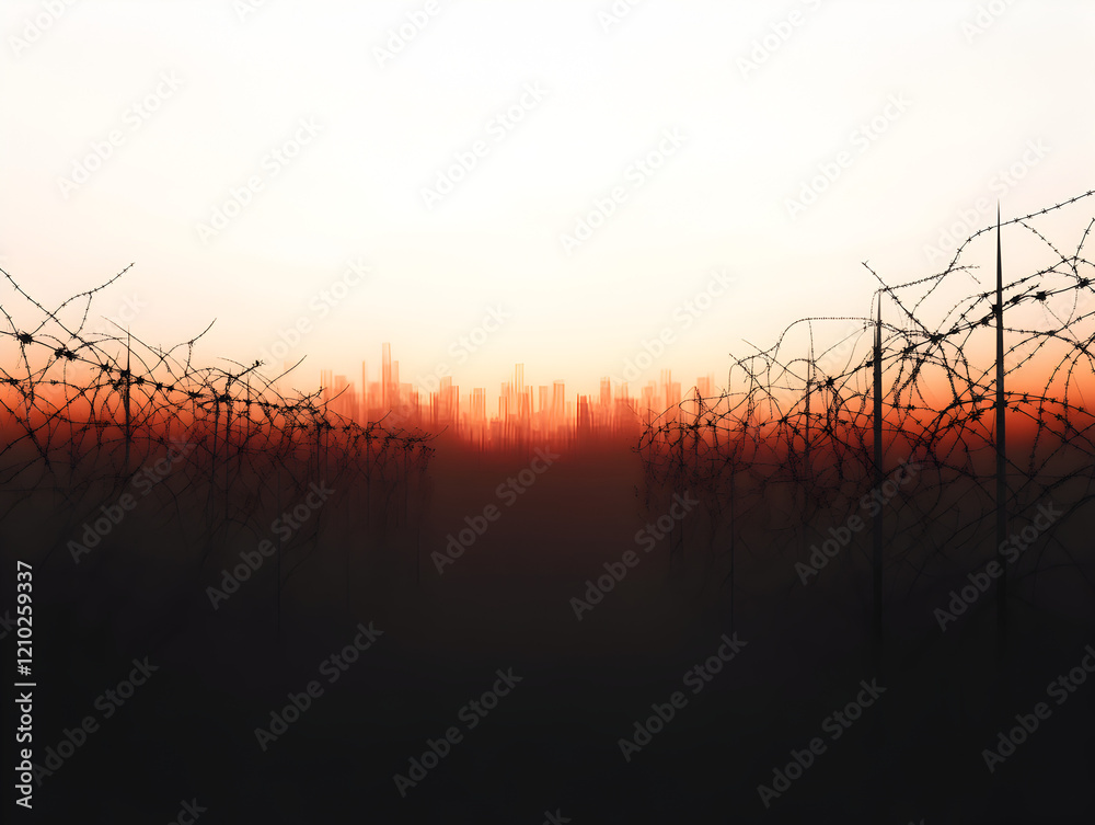 Fototapeta premium An abstract representation of a military base with barbed wire fences, symbolizing defense. Military base wire design.