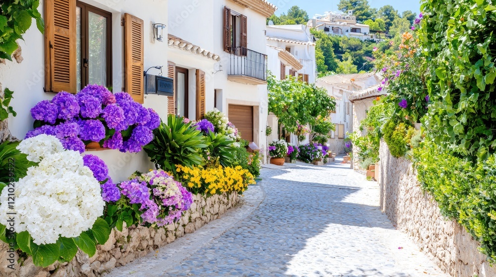 Fototapeta premium Sunny Mediterranean village street, flowers, houses. Travel brochure