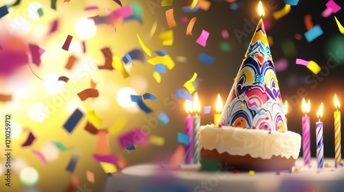 Vibrant party hat with candles and flying confetti fest photo