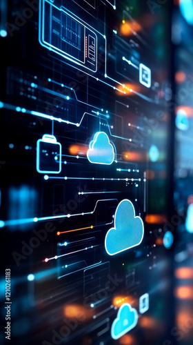 A digital representation of interconnected cloud storage icons, symbolizing technology, data transfer, and modern computing.