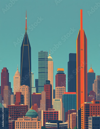 Urban cityscape with skyscrapers in retro modern vintage art deco illustration, magazine photoshoot, with white tones