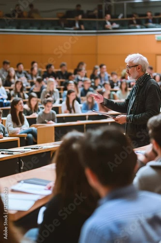 Professor giving lecture to university students in auditorium