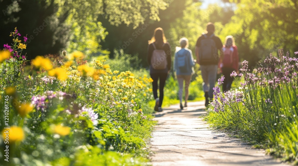Obraz premium Mindfulness group engages in slow meditative practice during a serene nature walk in a blooming park in the afternoon sun