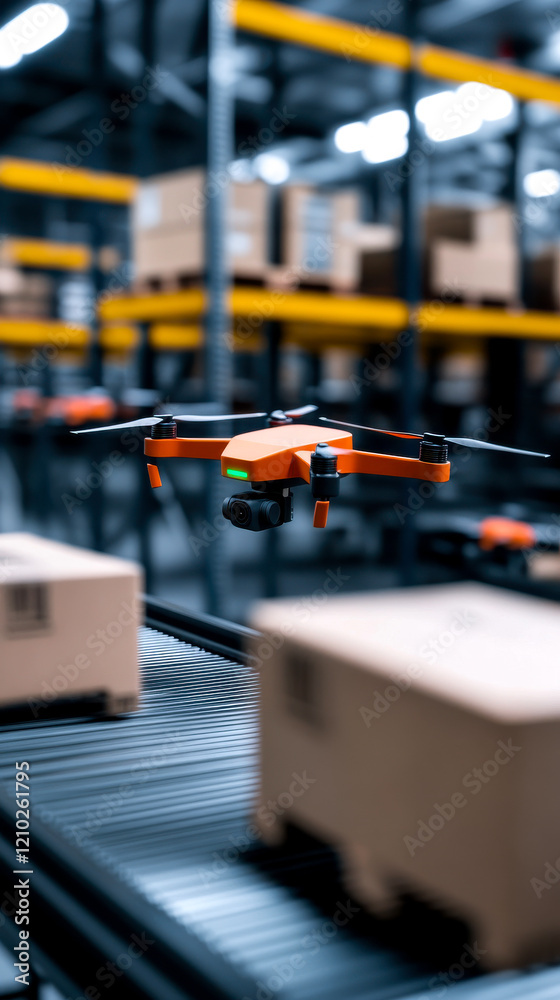 A drone hovers over packed boxes in a warehouse, showcasing automation in inventory management and logistics. A drone hovers over packed boxes in a warehouse, showcasing automation in inventory management and logistics.