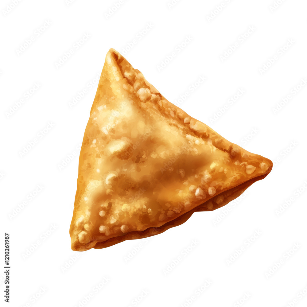 A single, golden-brown fried samosa rests on a stark white background, showcasing its crispy texture and triangular shape. A single, golden-brown fried samosa rests on a stark white background, showcasing its crispy texture and triangular shape.
