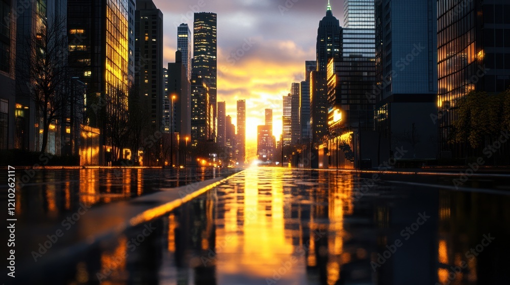 Fototapeta premium Dramatic sunset casts city street in golden hue.