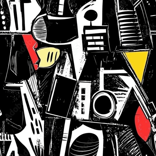 Seamless Pattern Modern abstract artwork with bold graphic shapes, red and ye...