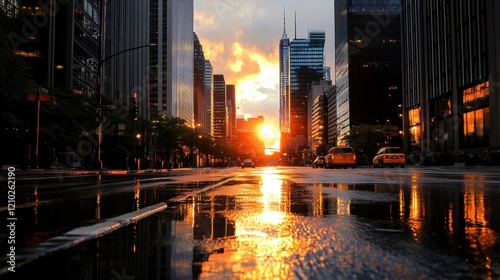 Dramatic city sunset with mirrored street reflections photo