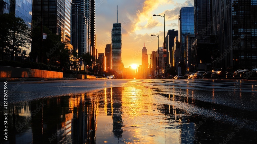 Obraz premium City sunset with reflective skyscraper-lined street