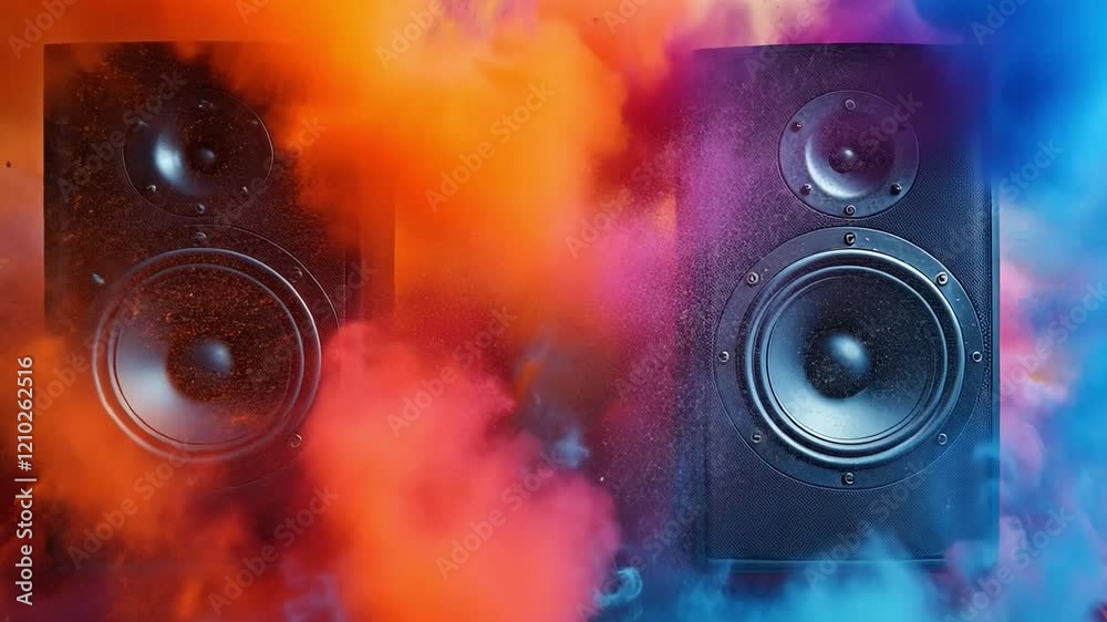 Audio Visual Symphony: Two powerful speakers emerge from a vibrant cloud of red, orange, and blue smoke, creating a dramatic and visually stunning image perfect for music, technology.