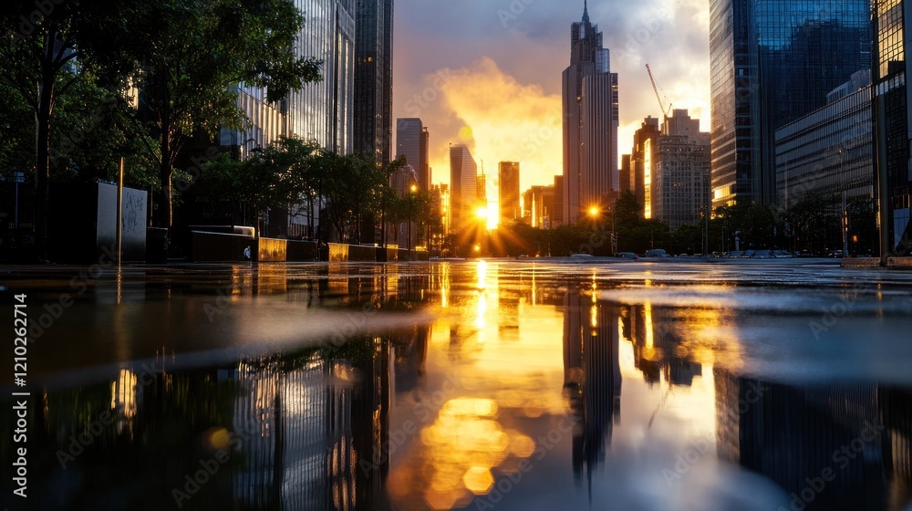 Obraz premium Glistening wet street with setting sun illuminating skyline