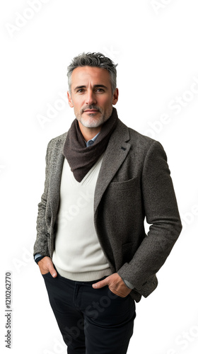 A man in a suit and scarf poses for a photo. He looks serious and well-dressed