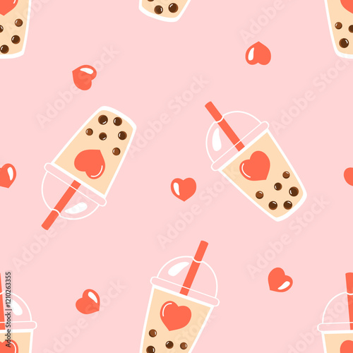 Seamless pattern with bubble green tea cups and red hearts on pink background vector. 