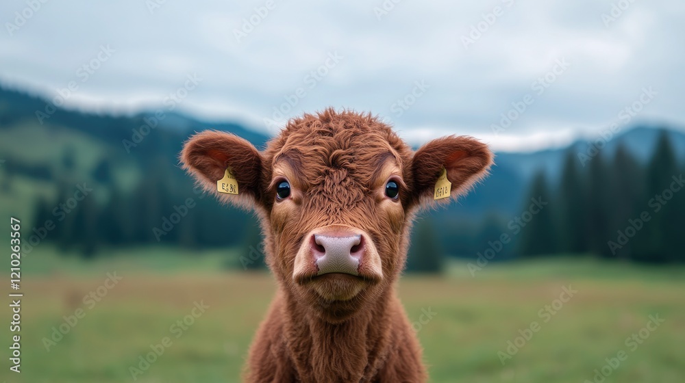 Calf stares, alpine meadow, mountains background, farm animal portrait Calf stares, alpine meadow, mountains background, farm animal portrait