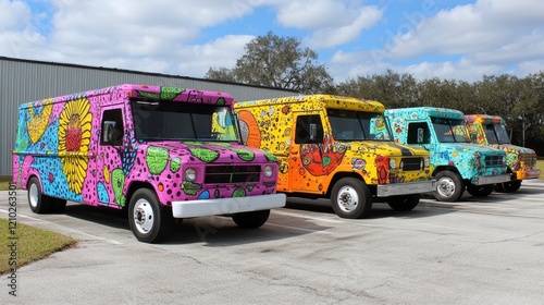 Vibrant hand painted food trucks parked outdoors showcasing unique artwork and colorful designs photo