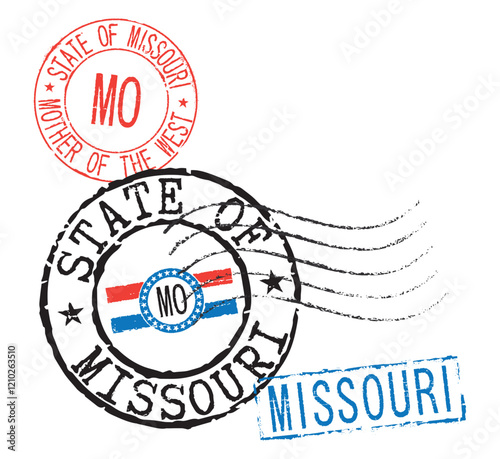Postal rubber stamps STATE OF MISSOURI and MO zip code abbreviation, along with the state symbol. Retro seals for letter envelopes, greeting cards, passports, parcels.