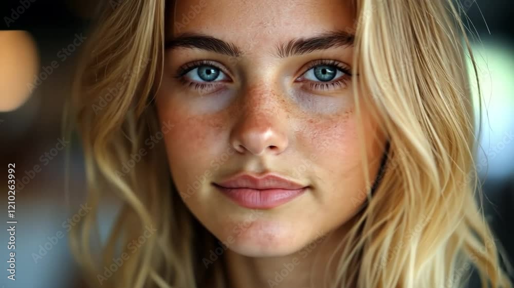 Captivating Gaze: Close-up portrait of a young woman with stunning blue eyes, blonde wavy hair, and delicate freckles, exuding natural beauty and confidence. Captivating Gaze: Close-up portrait of a young woman with stunning blue eyes, blonde wavy hair, and delicate freckles, exuding natural beauty and confidence.