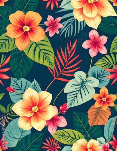 Tropical Flowers and Leaves Seamless Pattern, Navy Background