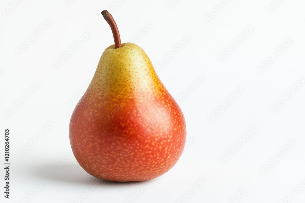 A ripe pear with a smooth, colorful skin, featuring a blend of yellow and red hues, sits against a clean white background. A ripe pear with a smooth, colorful skin, featuring a blend of yellow and red hues, sits against a clean white background.