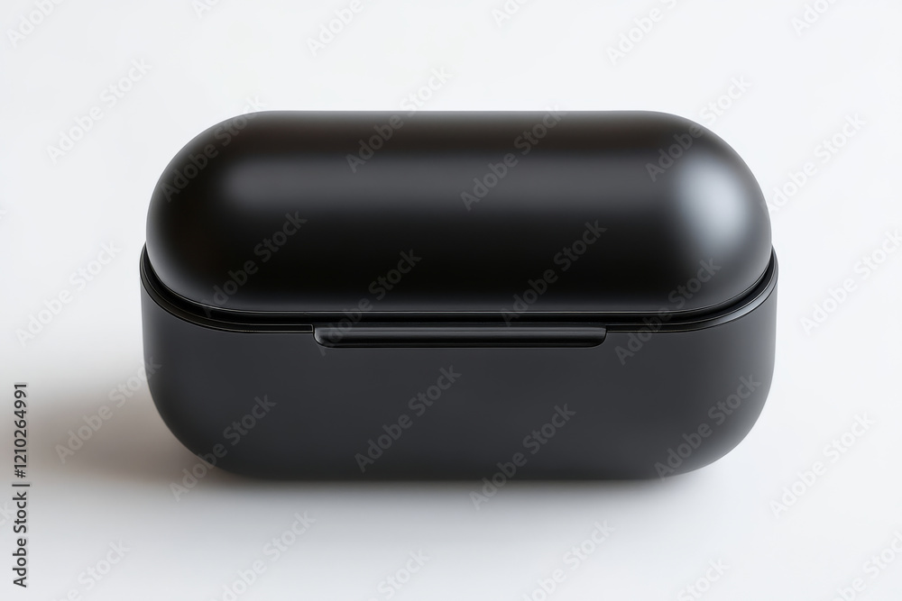 A sleek black case designed for storing wireless earbuds, featuring a smooth, rounded design and a secure lid. A sleek black case designed for storing wireless earbuds, featuring a smooth, rounded design and a secure lid.