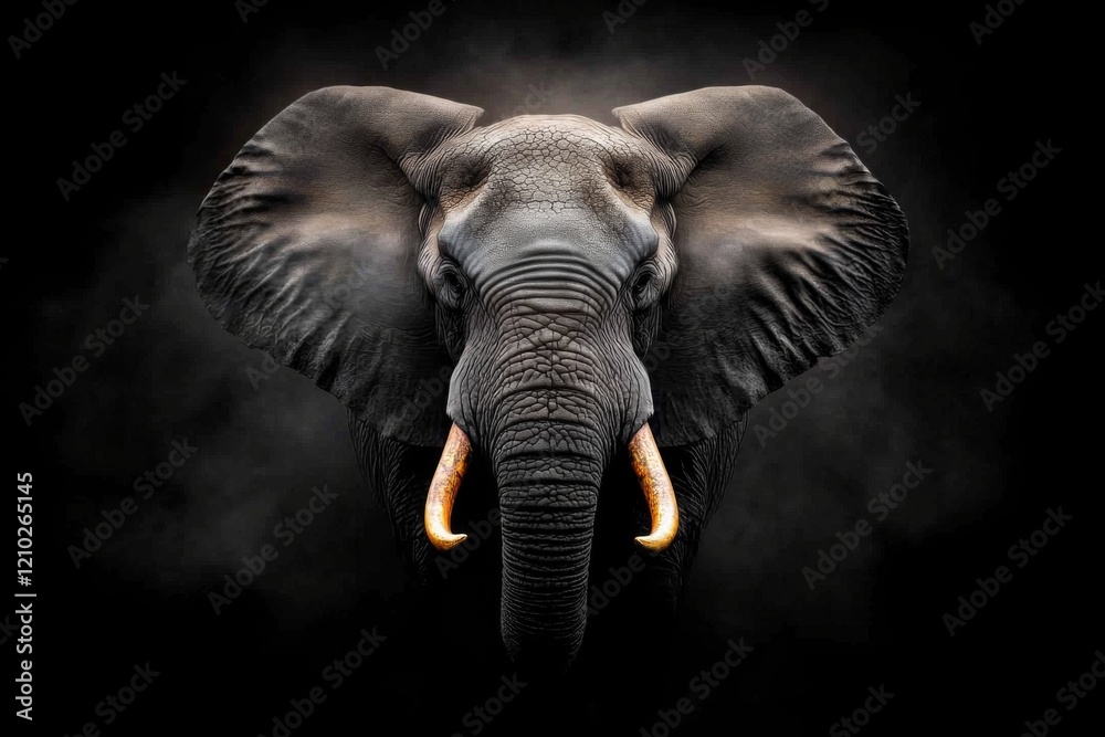 Fototapeta premium Majestic elephant stands proudly against a dark backdrop showcasing its powerful presence and elongated tusks