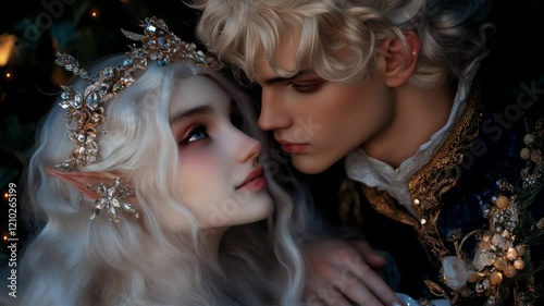 Enchanting elf couple in royal attire with jeweled crowns and glowing atmosphere, perfect for fantasy novels, RPG campaigns, and magical events