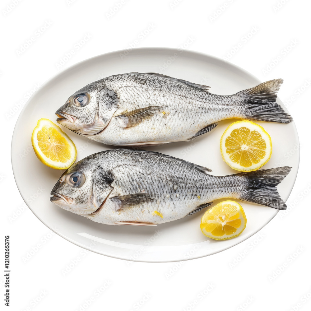 Two whole raw fish arranged on a white plate with lemon slices, ready for cooking. Two whole raw fish arranged on a white plate with lemon slices, ready for cooking.