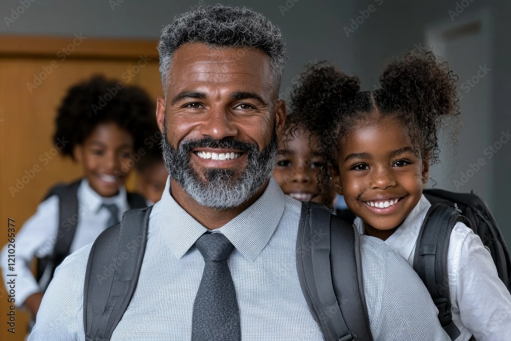 Smiling father and children ready for school in a bright environment Smiling father and children ready for school in a bright environment