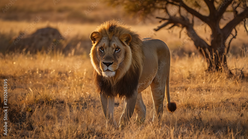 Fototapeta premium Magnificent male lion with shaggy mane resting regally under acacia tree's sprawling branches in golden savannah sunset landscape.