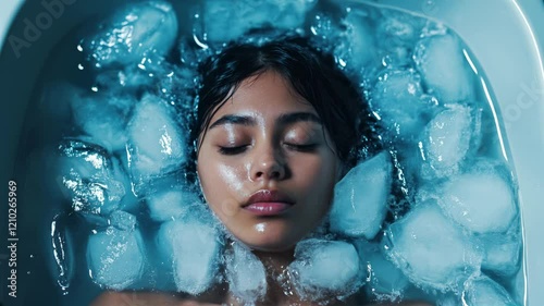 Woman submerged in an ice bath, emphasizing wellness, recovery, and mental strength, ideal for health and self-care concepts