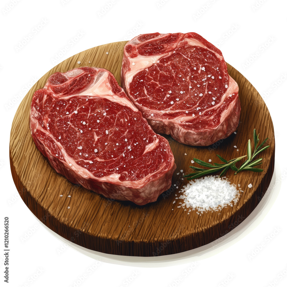 Two raw ribeye steaks seasoned with salt and rosemary sprigs rest on a wooden board. Two raw ribeye steaks seasoned with salt and rosemary sprigs rest on a wooden board.