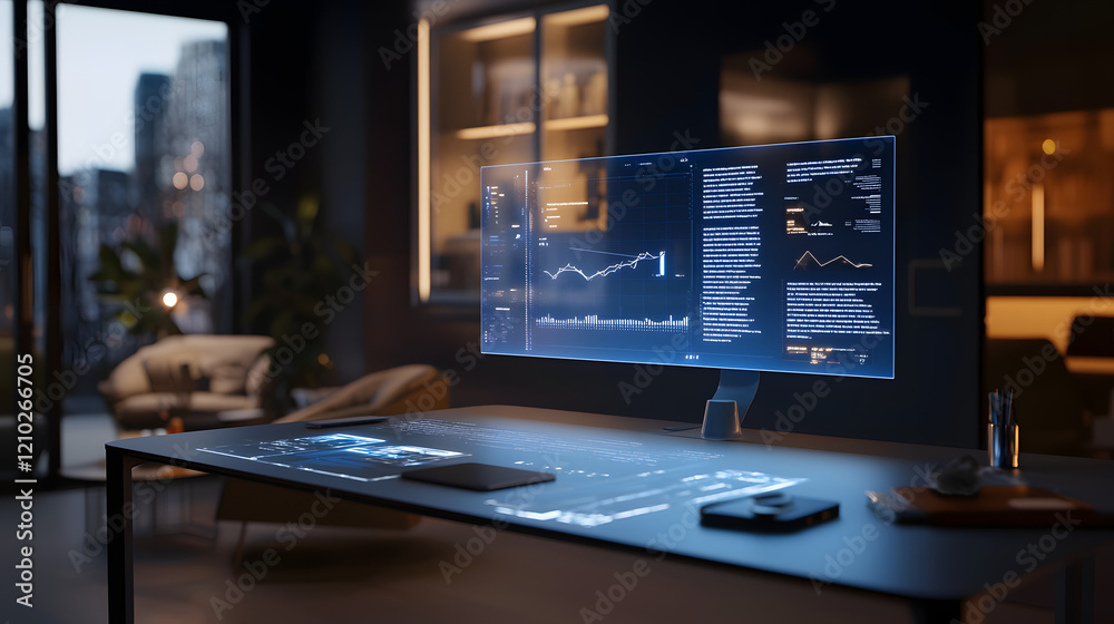 sleek and modern home workspace featuring an augmented reality desk setup with a floating holographic screen displaying data, blending innovation with style in a futuristic environment sleek and modern home workspace featuring an augmented reality desk setup with a floating holographic screen displaying data, blending innovation with style in a futuristic environment