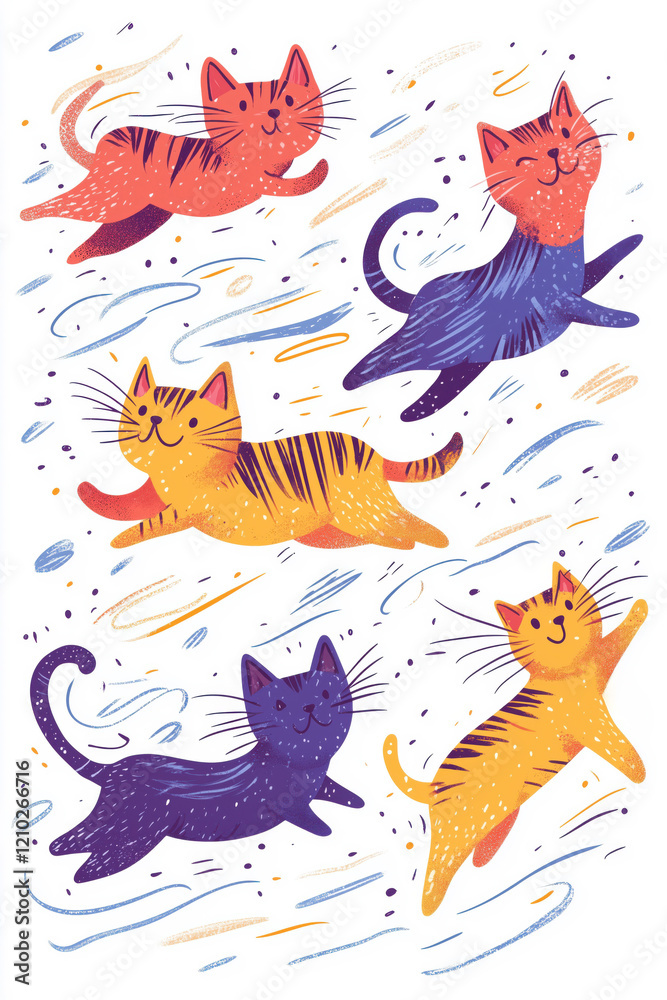 Playful, colorful cats in a whimsical style.
Playful, colorful cats in a whimsical style.
