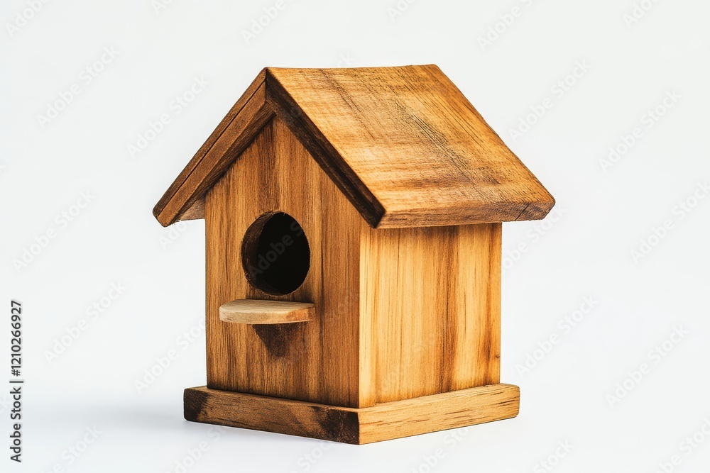 A small wooden birdhouse with a slanted roof and a circular entrance, designed for birds to nest in. A small wooden birdhouse with a slanted roof and a circular entrance, designed for birds to nest in.